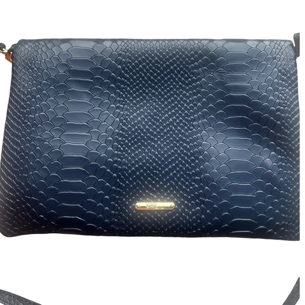 GiGi New York Navy Blue Python Embossed Leather Crossbody Clutch Bag Tassel